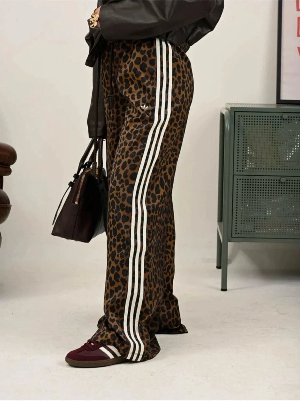 NWT Adidas Satin Wide Leg Leopard Track Pants with White Side Stripes